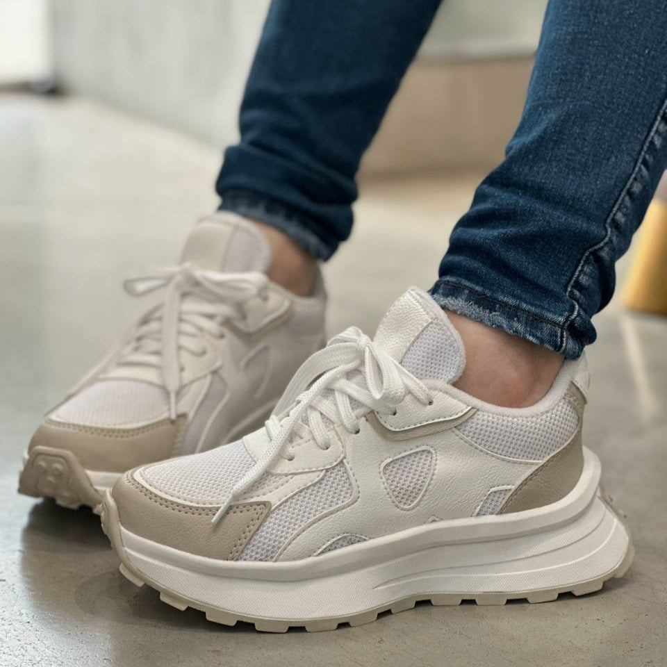 Tenis de moda para mujer D859 Blanco x Almendra